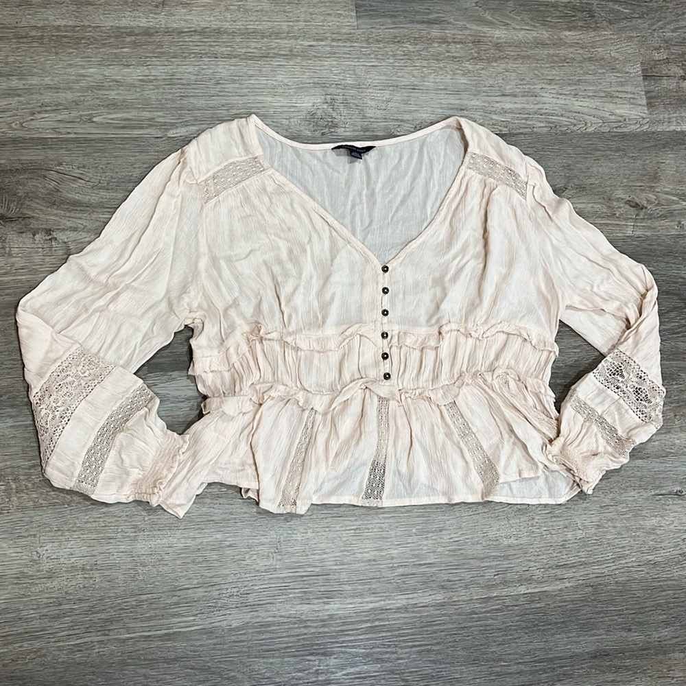 American Eagle Outfitters Cream Long Sleeve Cropped Blouse with Lace and Buttons